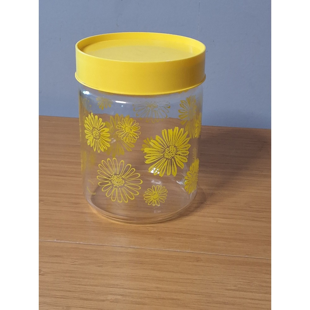 Vintage Yellow Daisy Glass Canister Retro Floral Kitchen Storage Jar with Lid